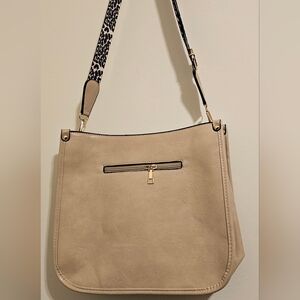 Beige Faux Leather Messenger Bag w/ leopard strap